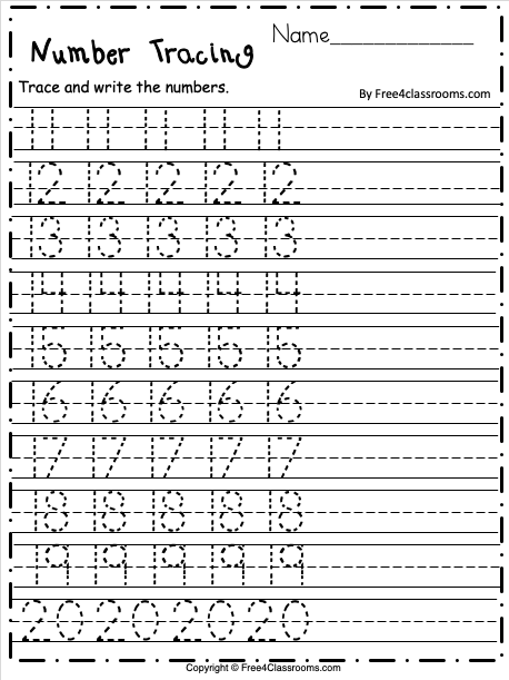 Free Number Tracing 11 To 20 For Pre k And Kindergarten Free4Classrooms