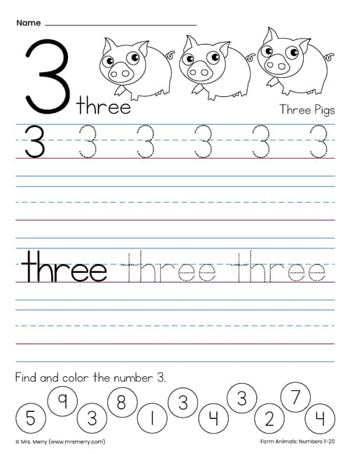 Free Tracing Numbers Worksheets 1 20 With Farm Animals Mrs Merry