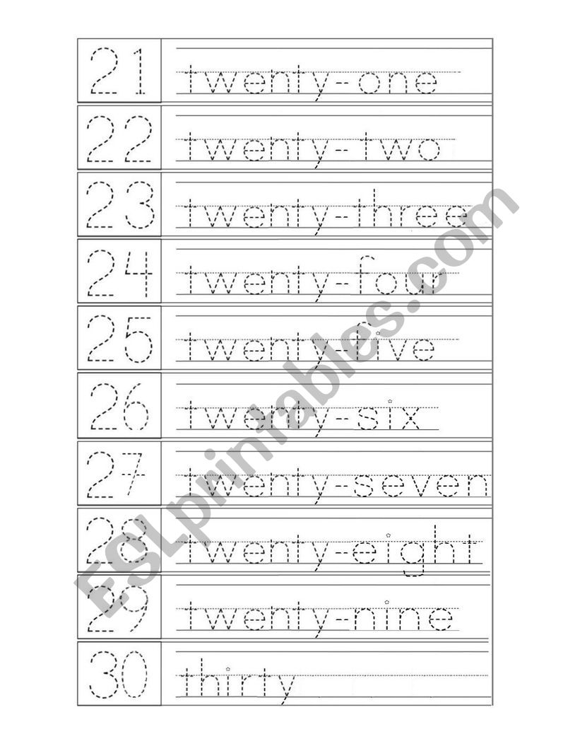 Number Tracing 21 30 Worksheets For Kindergarten First Grade Math