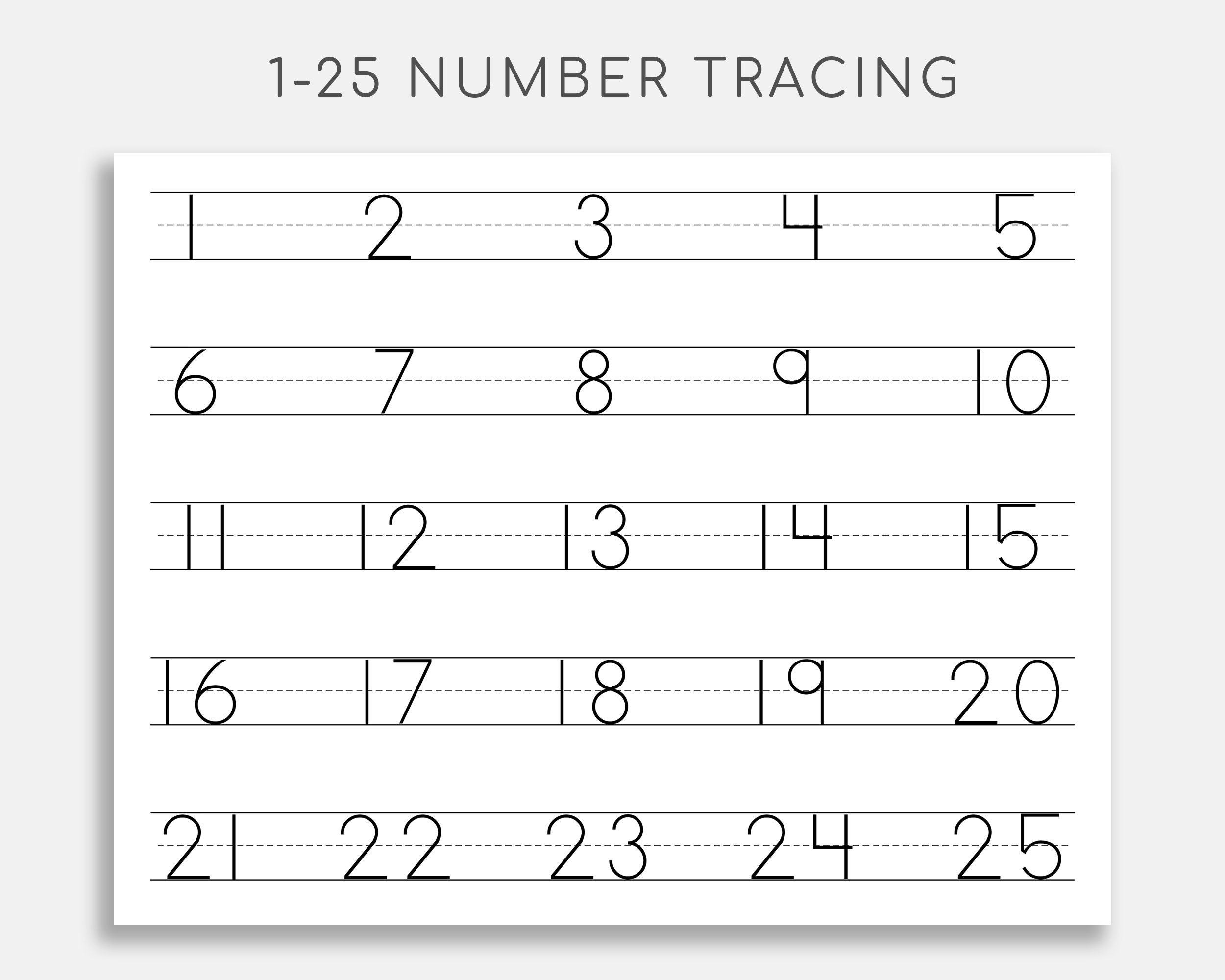 Number Tracing Worksheet 1 25 Printable Trace Numbers Etsy Canada