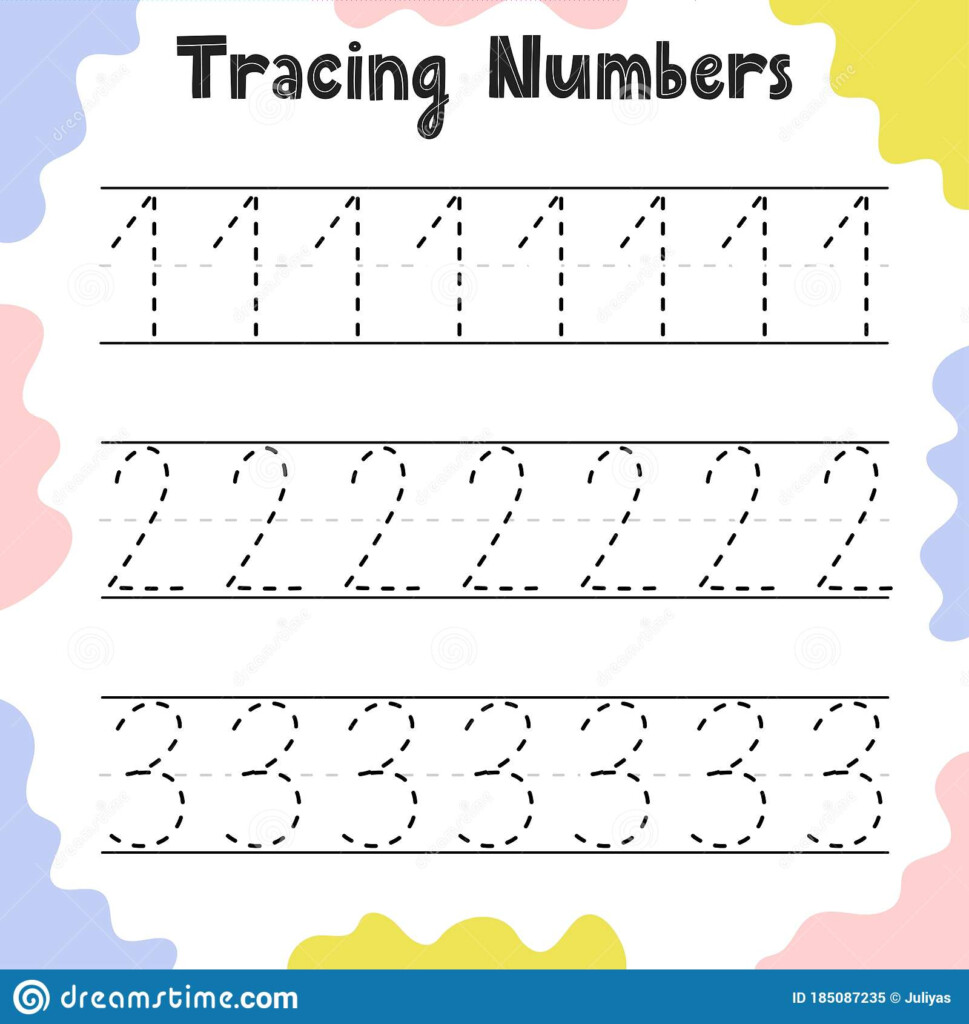 Numbers 1 2 3 Tracing Practice Worksheet For Kids Stock Vector 