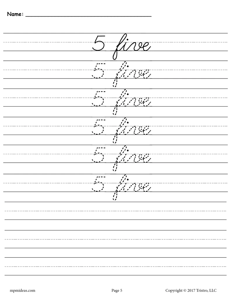 Printable Number Five Cursive Handwriting Tracing Worksheet 