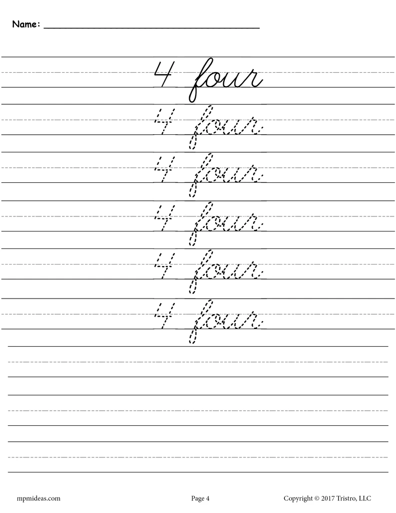 Printable Number Four Cursive Handwriting Tracing Worksheet 