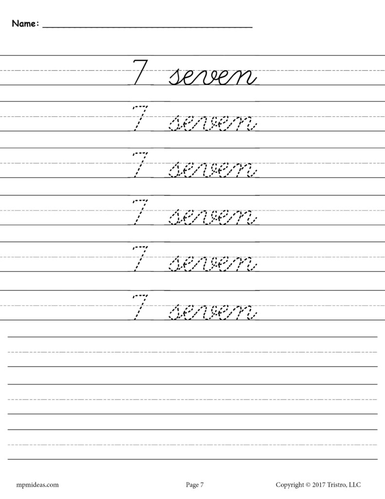 Printable Number Seven Cursive Handwriting Tracing Worksheet In 2022 