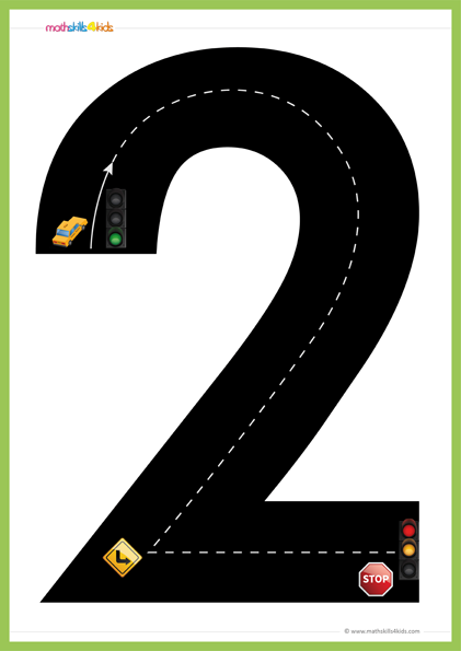 Road Numbers Math Training Game Tracing Number 2 Pre k Free Printable 