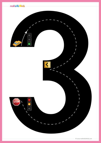 Road Numbers Math Training Game Tracing Number 3 Pre k Free Printable 