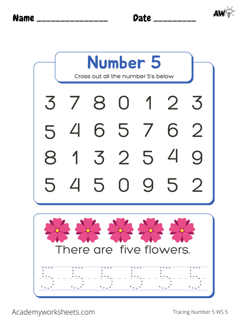 The Number 5 Tracing Academy Worksheets