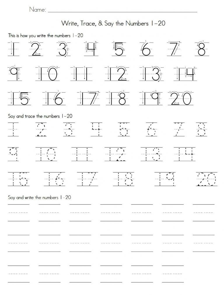 Trace Number 1 20 Worksheets Writing Numbers Numbers Kindergarten 