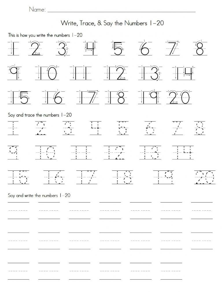 Trace Number 1 20 Worksheets Writing Numbers Writing Practice 