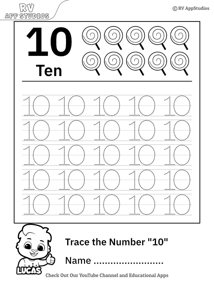 Trace Number 10 Worksheet For FREE For Kids