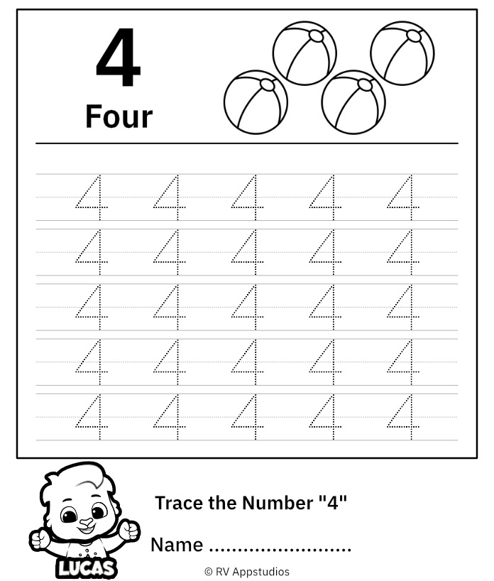Trace Number 4 Worksheet For FREE For Kids