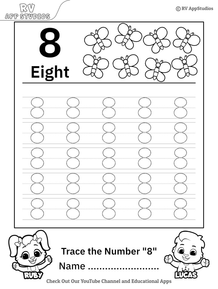 Trace Number 8 Worksheet For FREE For Kids