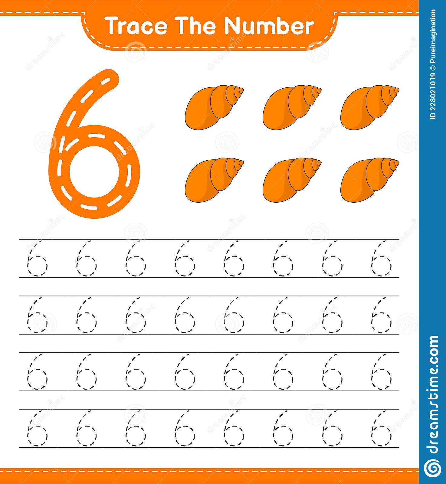 Trace The Number Tracing Number With Sea Shells Stock Vector