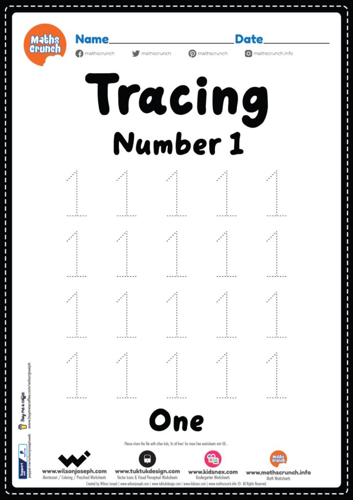 Tracing Number 1 Worksheet For Preschool Montessori And Kindergarten 