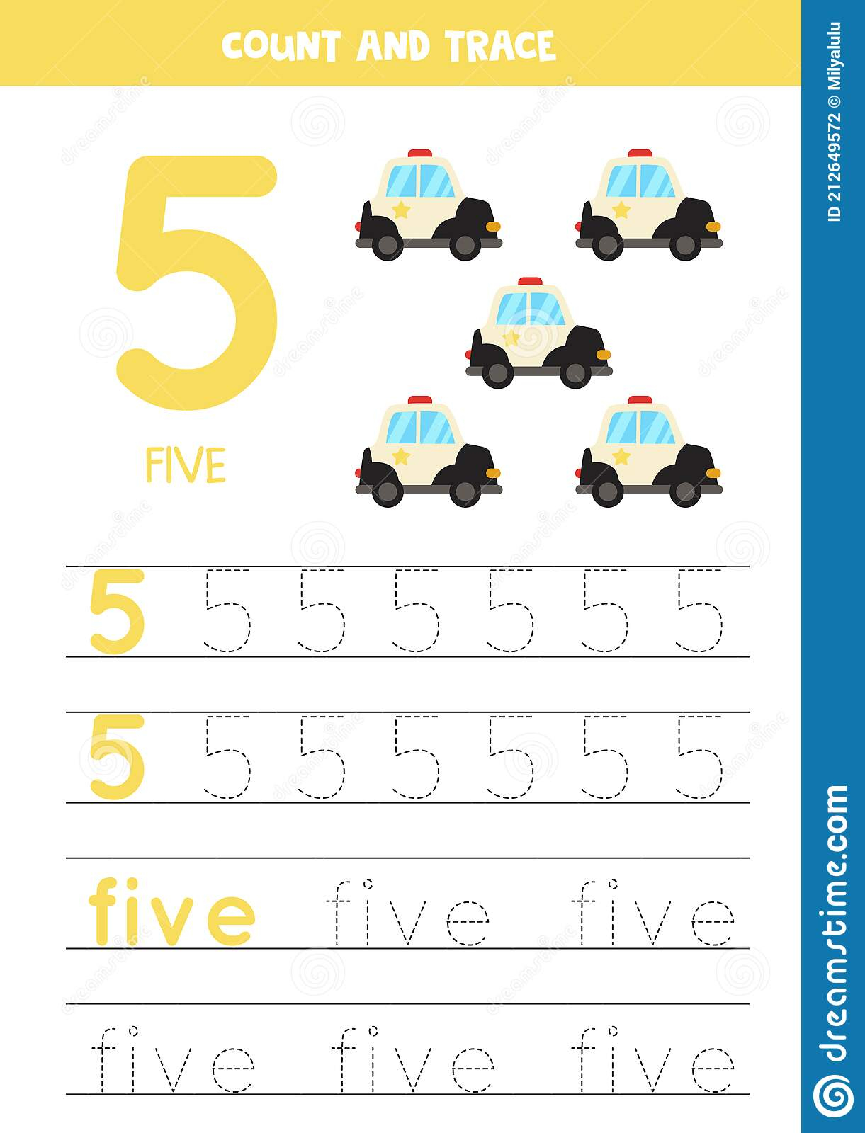 Tracing Numbers Worksheet With Cartoon Police Cars Stock Vector