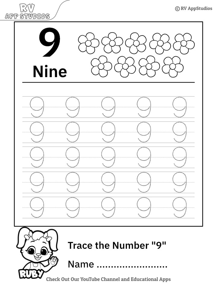 Free Tracing And Writing Number 9 Worksheet Kids Activities 7D6