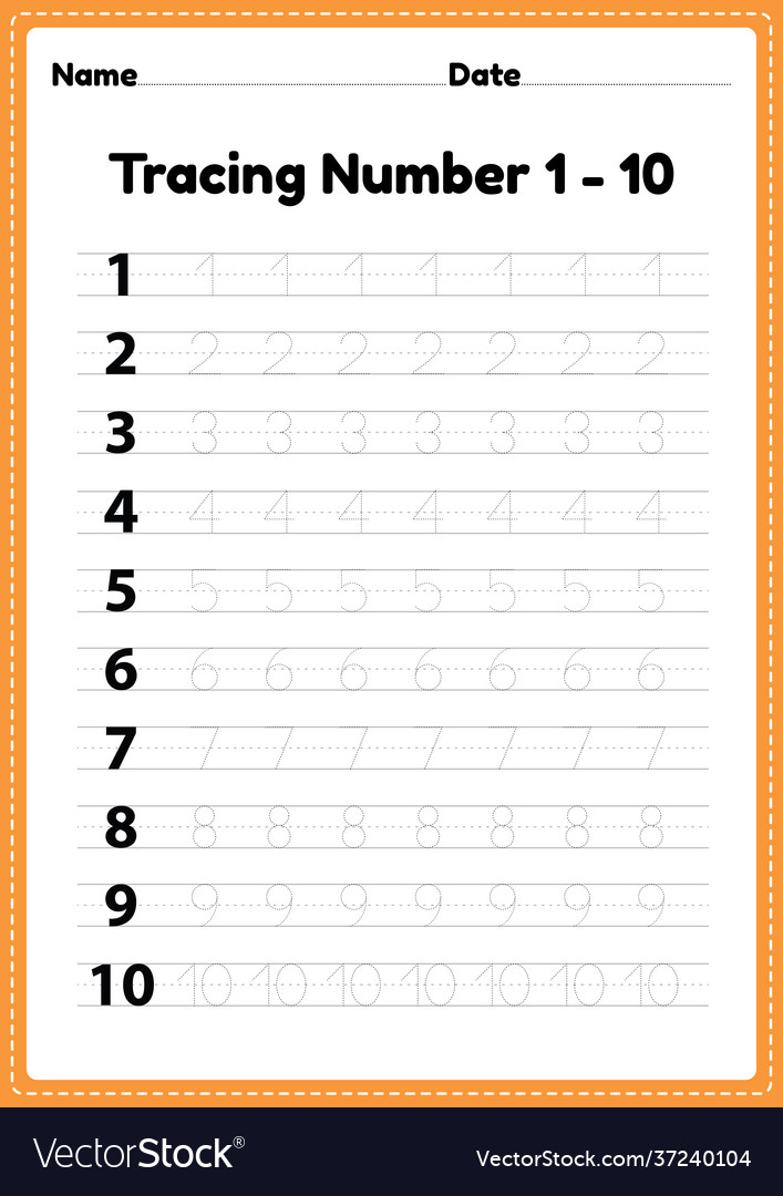 Tracing Number 1 10 Worksheet For Kindergarten Vector Image