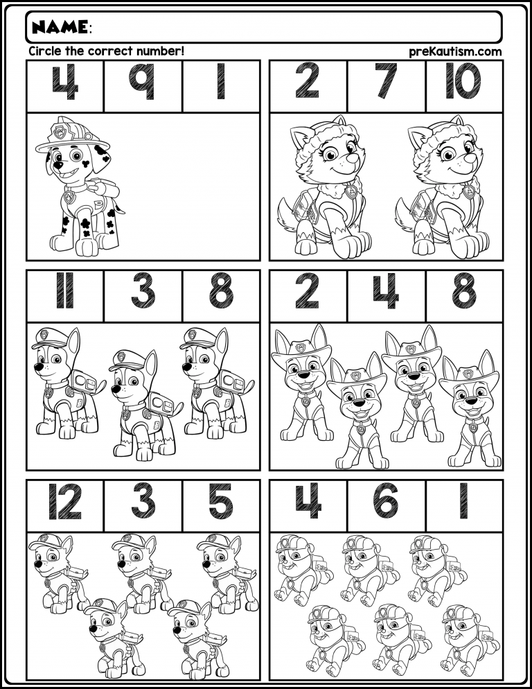 FREE Paw Patrol Number Worksheets PreKautism Atividades De 