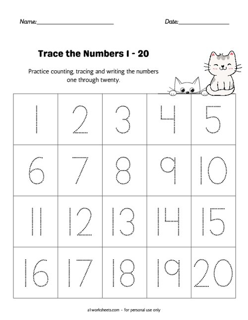 Free Printable Worksheets For Kids Tracing Numbers 1 20 Worksheets 