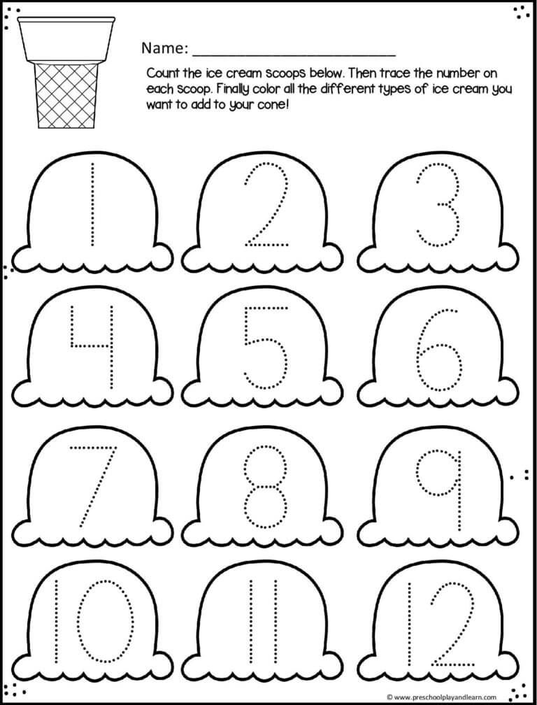 Ice Cream Cone Trace Numbers 1 12 Summer Worksheets For Preschoolers