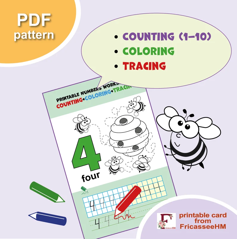 Printable Coloring Pages For Kids Numbers Tracing Worksheets Etsy 