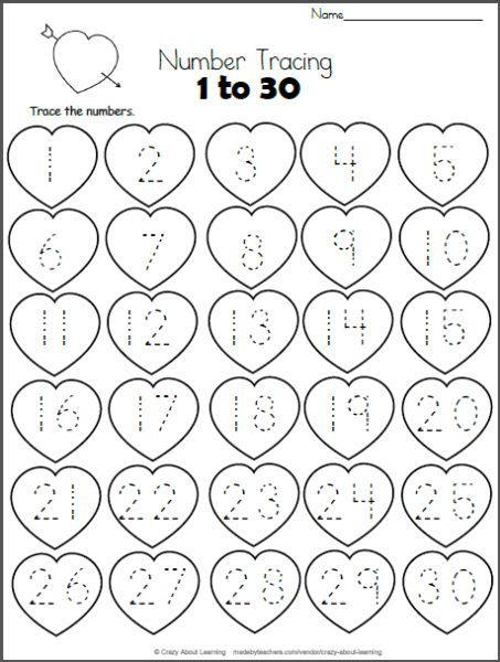 Printable Tracing Numbers 1 30 Worksheets Kindergarten Valentines 