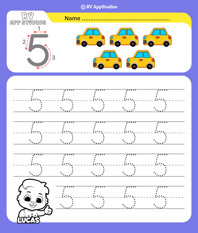 Trace Number 5 Worksheet For Free For Kids Count And Trace 5 Number 