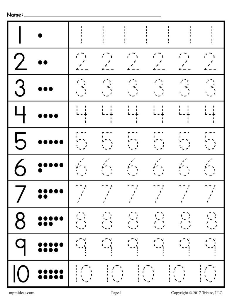 Tracing Numbers 1 10 Worksheets Kindergarten Pdf Name Tracing